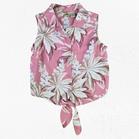 90s Y2K Mauve Pink Tropical Floral Crop Tie Front Button Down Top Size Small - Picture 1 of 7